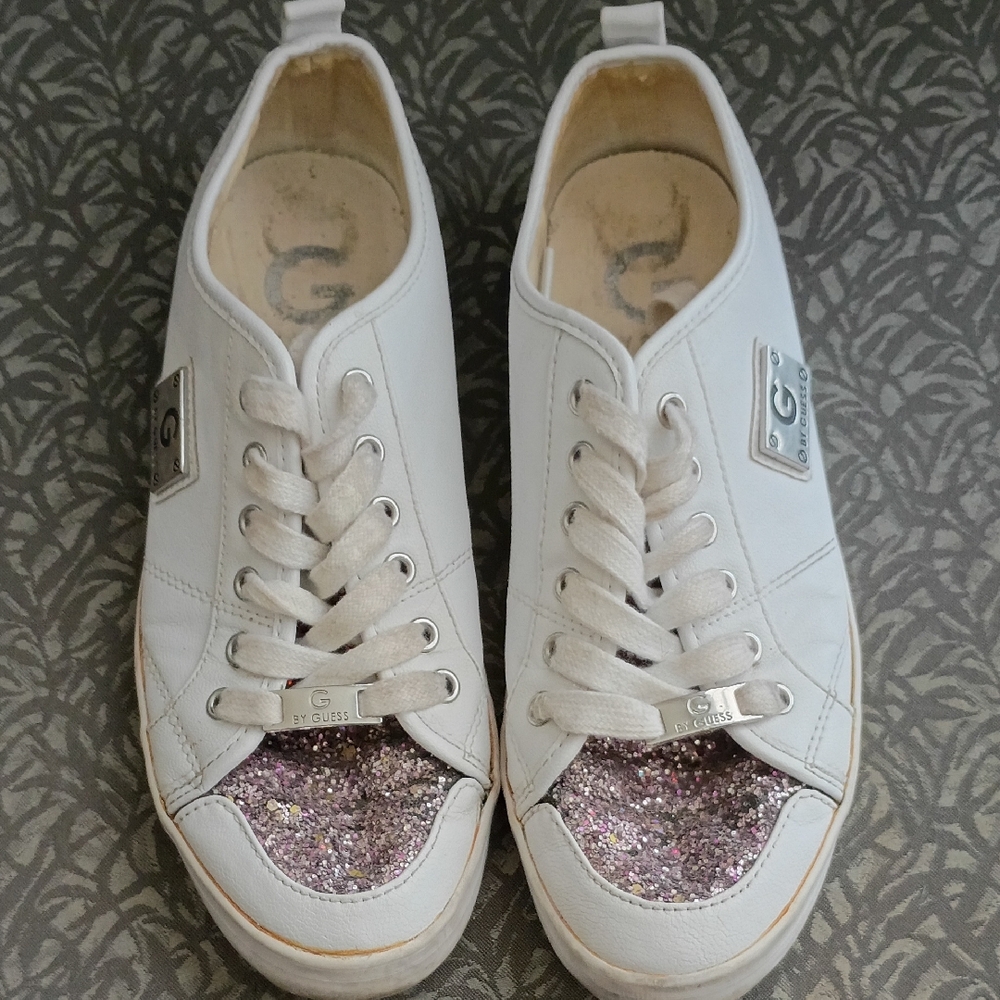 GUESS Women's White Sneakers with Glittering Pink Toes